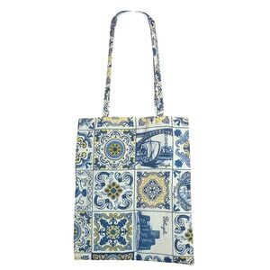 Portuguese Cotton Tote Bag Azulejo Tile Print OS Blue Yellow Excellent Condition